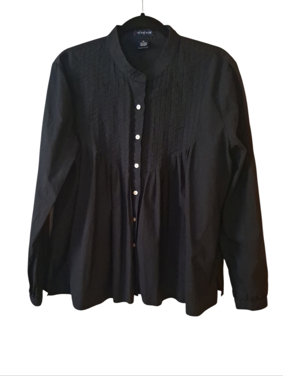 jackie blue Tops - Black Pintuck Collarless Button-Front Shirt by Jackie Blue